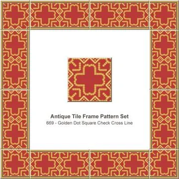 Antique tile frame pattern set golden check square cross dot line Illustrazione stock