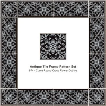 Antique tile frame pattern set curve round cross flower outline Stock Illustration