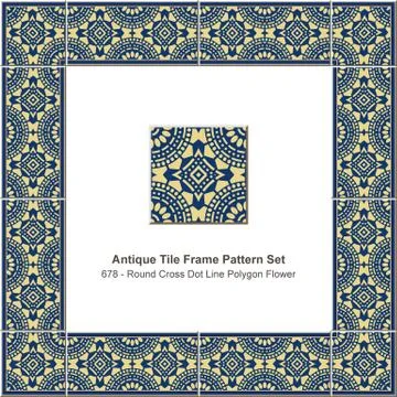 Antique tile frame pattern set round cross dot line polygon flower Stock Illustration