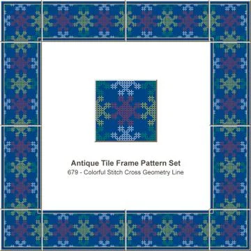 Antique tile frame pattern set colorful stitch cross geometry line Stock Illustration