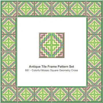 Antique tile frame pattern set colorful mosaic pixel square geometry cross Stock Illustration