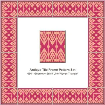 Antique tile frame pattern set geometry stitch line woven triangle Stock Illustration