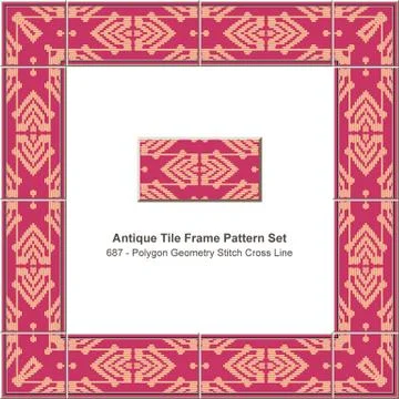 Antique tile frame pattern set polygon geometry stitch cross line Stock Illustration