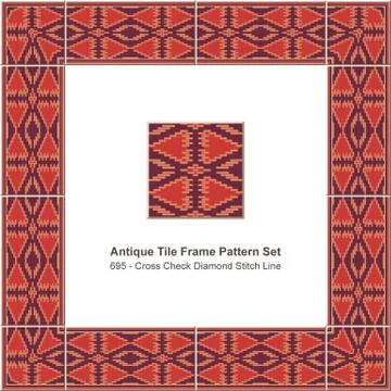 Antique tile frame pattern set aboriginal cross check diamond stitch line Illustrazione stock