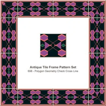 Antique tile frame pattern set polygon geometry check cross line Illustrazione stock
