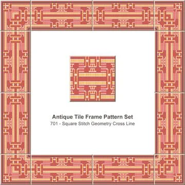 Antique tile frame pattern set square stitch geometry cross line Illustrazione stock