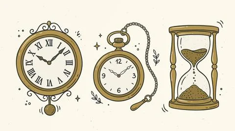 Antique timekeeping instruments featuring wall clock and hourglass in gold .. Stock Illustration