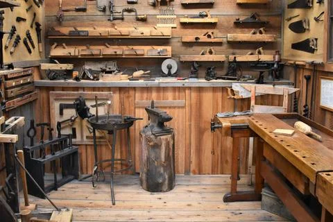 Antique Tools In Rustic Work Shop Stock Photos