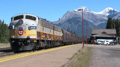 Antique Train Engine in Banff Stock Footage 32186093
