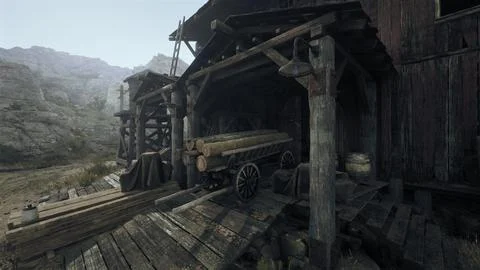 An antique train parked in front of a rustic wooden building Ilustración de archivo