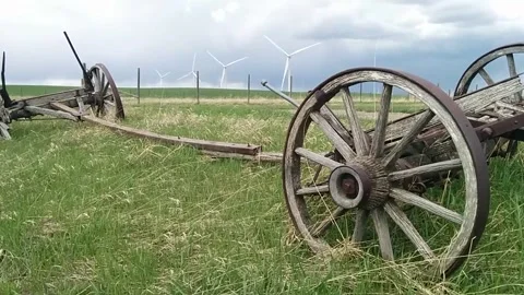 Antique Wagon Windmills Behind Stock Footage 168911555
