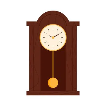 Antique wall hanging clock with dial and ticking golden pendulum to measure time Stock Illustration