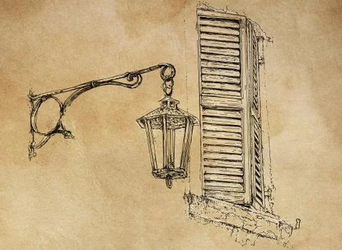 Antique window with lantern Stock Illustration