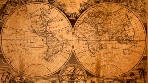 Antique world map with compass and hemispheres. Stock Footage 331743653