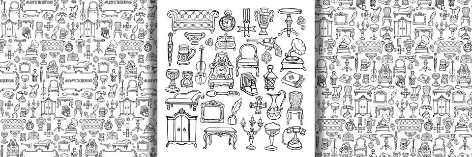 Antiques doodle objects set and seamless patterns Stock Illustration