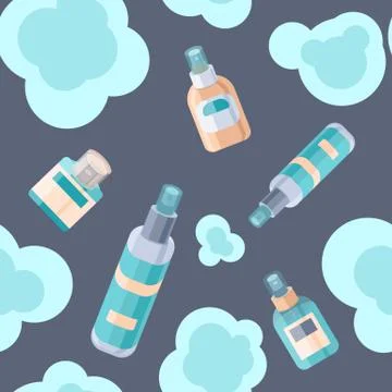 Antiseptic spray seamless pattern with aerosol bottles on grey backdrop. Stock Illustration