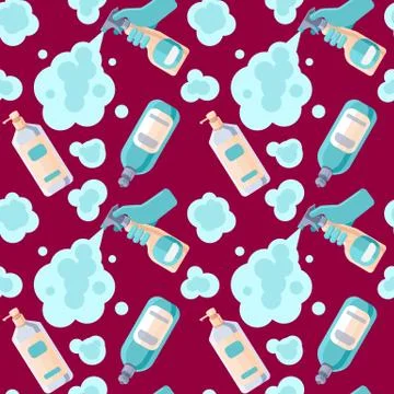 Antiseptic spray seamless pattern with aerosol bottles on red backdrop. Stock Illustration