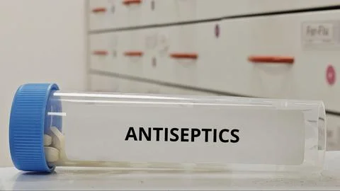 ANTISEPTICS tablets used to prevent microbial growth and reduce infection ris 库存照片