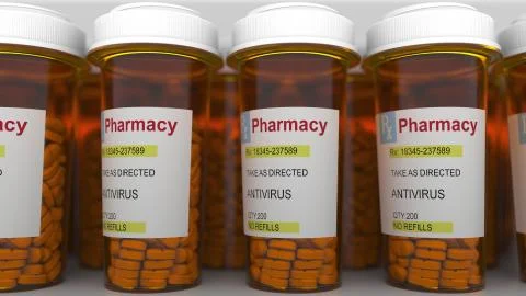 ANTIVIRUS caption on pill prescription bottles. 3D rendering Illustrazione stock