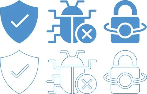 Antivirus Icon Set, Shield Check Bug Block and Padlock Protection Security .. Ilustración de archivo