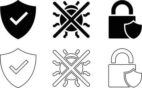 Antivirus Icon Set, Shield Check Crossed Bug and Padlock with Shield Protec.. Ilustración de archivo