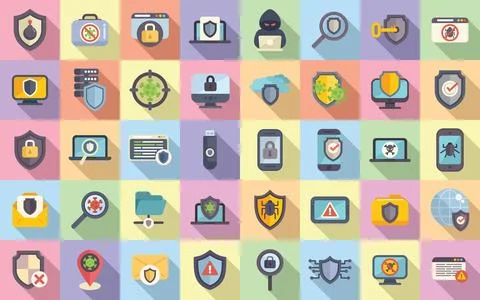 Antivirus icons set flat vector. Malware bug Stock Illustration