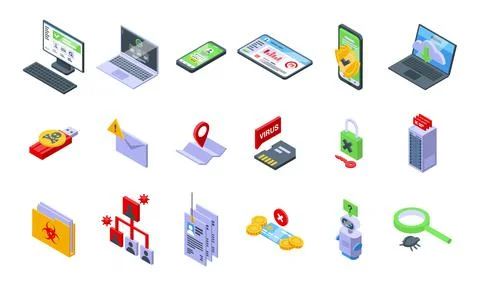 Antivirus icons set isometric vector. Malware bug 스톡 일러스트