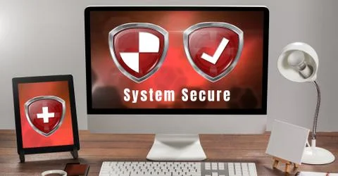 Antivirus security protection shields on computer system Stock Photos