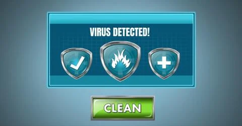 Antivirus security protection shields software with clean button Illustrazione stock