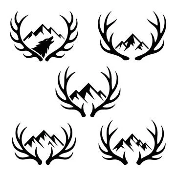 Antler Mountain Logos Set Wolf Silhouette Nature Symbols Vector Graphics Stockillustratie