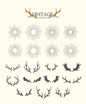 Antlers. Design elements of deer and collection of sunbeams. Set of hand drawn Illustrazione stock