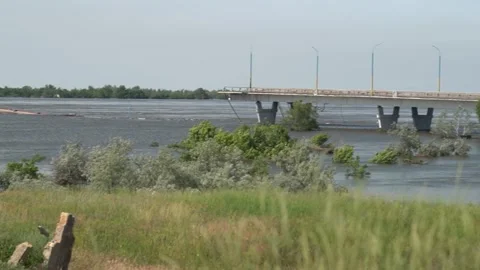 Antonivsky Bridge in Kherson, destroyed by an explosion Stock Footage 244920861