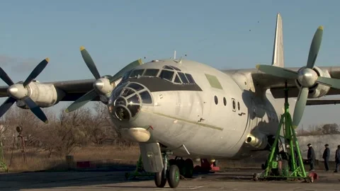 Antonov An-12 aircraft (NATO codification Cube) on hydraulic lifts. Close-up. Stock Footage 170373376