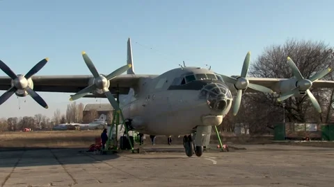 Antonov An-12 aircraft (NATO codification Cube) on hydraulic lifts. Close-up. Stock Footage 171572354