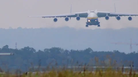 Antonov an-225, the world's largest cargo aircraft at the airport of linz Stock Footage 162331204