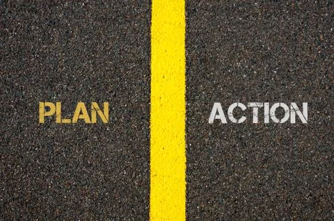 Antonym concept of PLAN versus ACTION Stock Photos