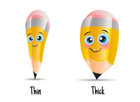 Antonyms concept, Thick and Thin. Educational flash Card with yellow Pencils. Stock Illustration