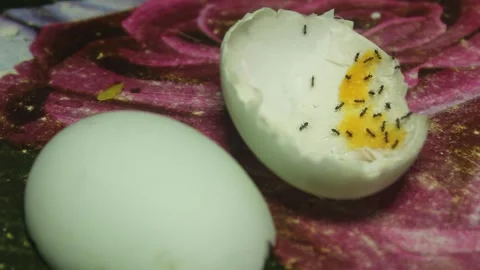 Ants Feeding on Leftover Boiled Egg Stockbeeldmateriaal 345660637