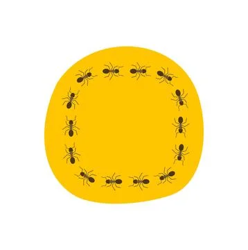 Ants forming circular pattern on yellow background illustrating teamwork Illustrazione stock