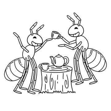 Ants having a Tea Isolated Coloring Page for Kids Illustrazione stock