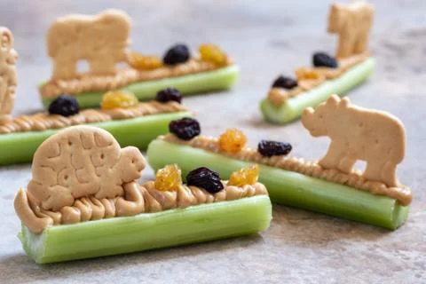 Ants on a Log Snack with Celery Peanut Butter, Raisins and Cookie Stock Photos