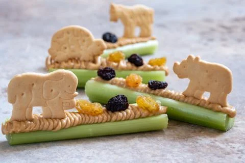Ants on a Log Snack with Celery Peanut Butter, Raisins and Cookie Stock Photos