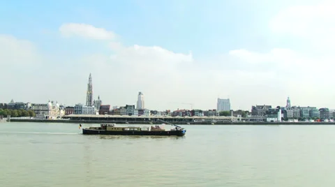 Antwerp, barge on the river Scheldt (Schelde), Antwerpen, Belgium Stock Footage 28757643