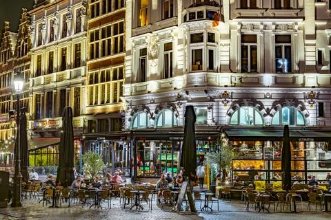 ANTWERP, BELGIUM - AUG 21, 2022: Restaurants in the old town of Antwerp, in t Stock Photos