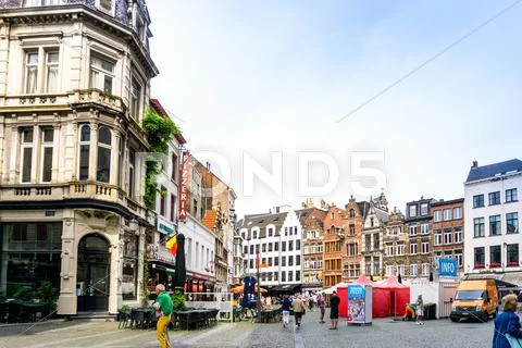ANTWERP, BELGIUM - August 18, 2016. Beautiful street view of Old town in Ant Stock Photos
