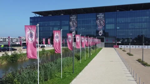 Antwerp FC flags flapping in the wind at main entrance of stadium Video stock 160189522