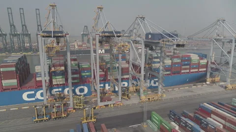 Antwerp harbour activity drone shot establishing Stock Footage 249170346