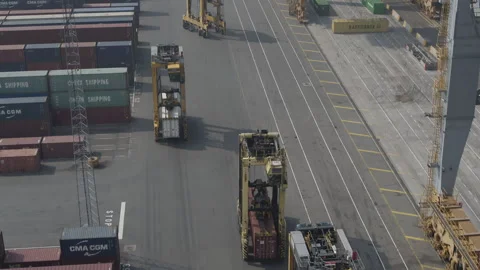 Antwerp harbour drone shot, tracking combilift forklift Stock Footage 249187409