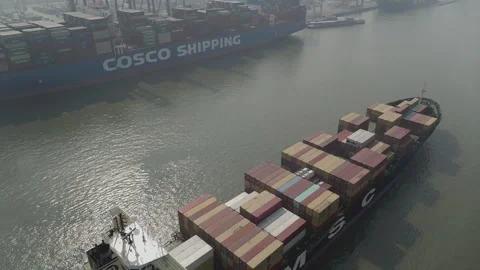 Antwerp harbour loaded ship drone shot Stock Footage 249222837