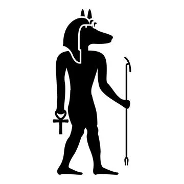 Anubis deity with jackal head ancient Egyptian god holds staff and anch cro.. Stock Illustration